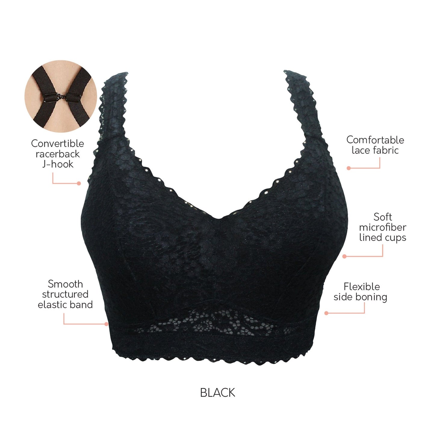 PARFAIT Adriana P5482 Women's Curvy and Full Bust Supportive Wire-free Lace Bra  - Black