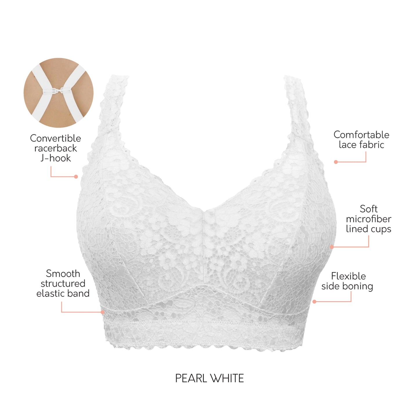 PARFAIT Adriana P5482 Women's Curvy and Full Bust Supportive Wire-free Lace Bra  - Pearl white