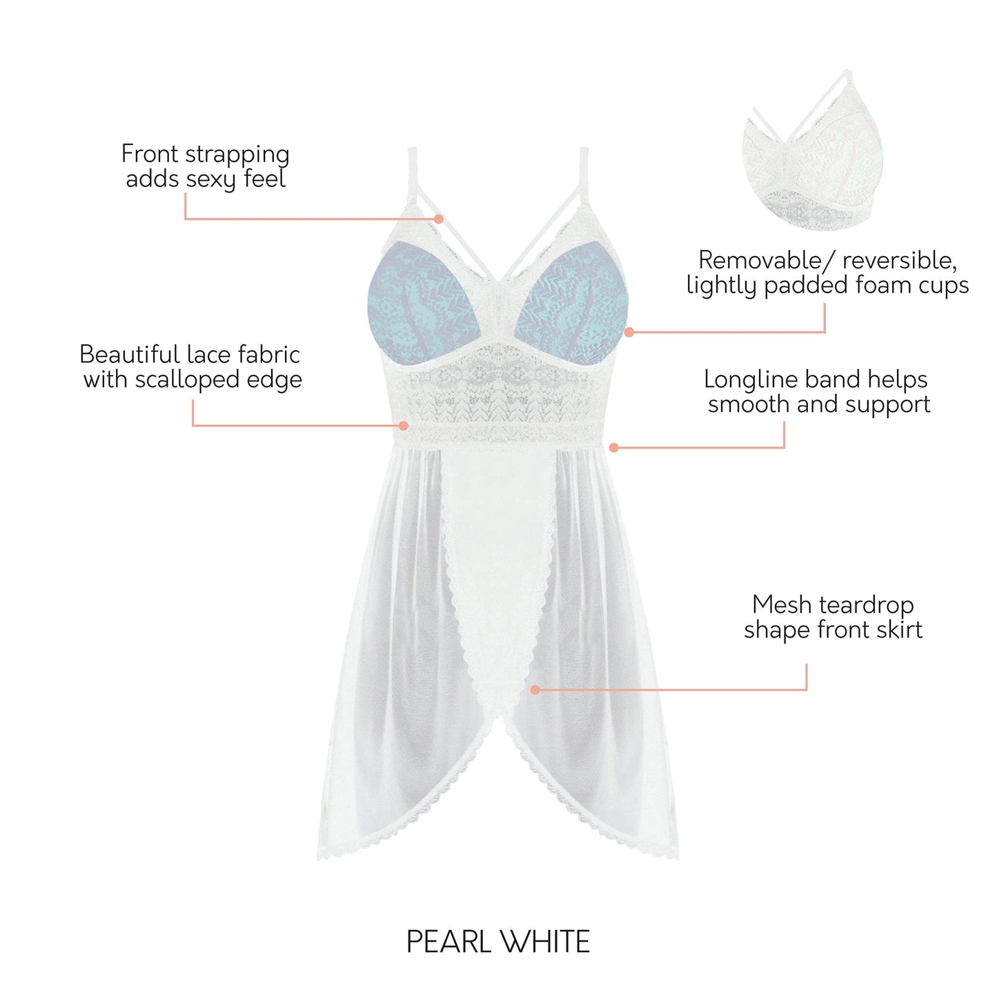 PARFAIT Mia Lace P5959 Women's Lingerie Wire-Free Chemise - Pearl White