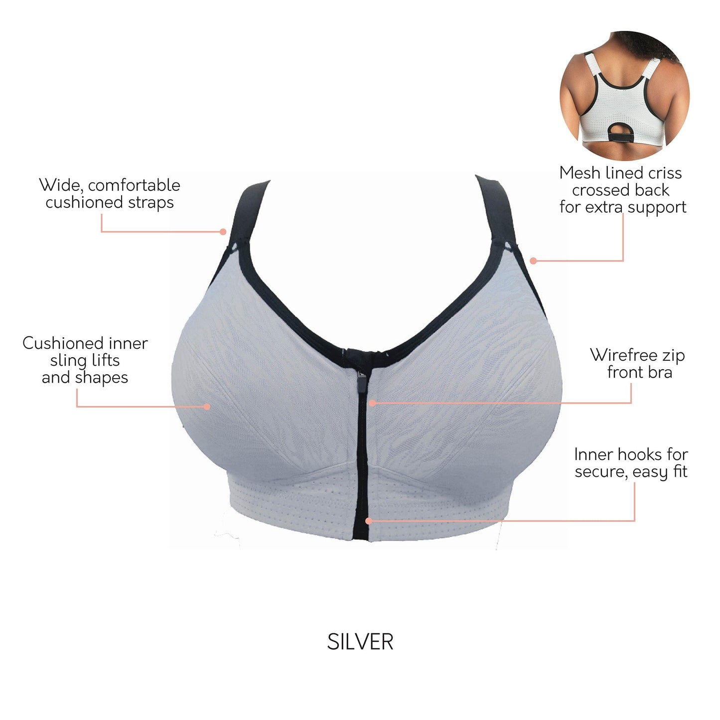 PARFAIT Wave P6052 Women's Wire-Free Front Closure Sports Bra - Silver