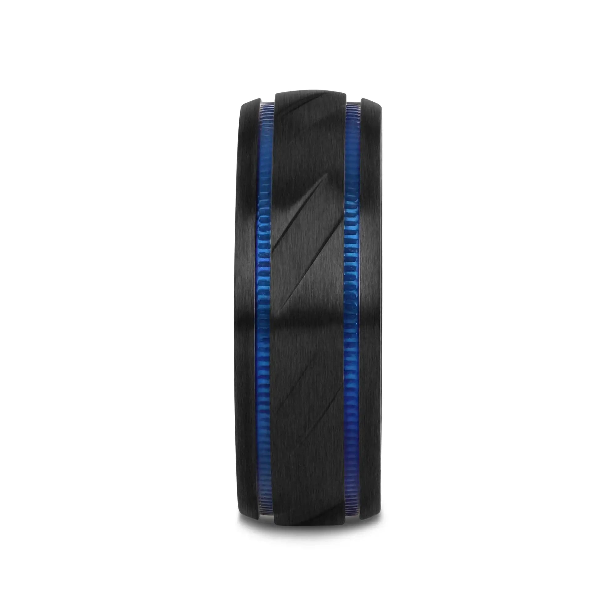 PATROL Black Titanium Carved Diagonal Pattern Brushed Finish Men’s Wedding Ring with Blue Milgrain Grooves – 8mm