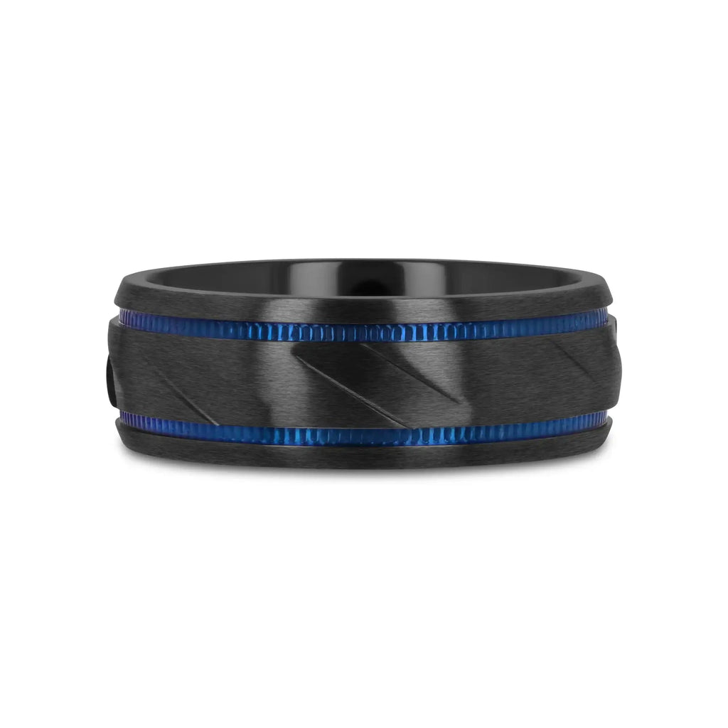 PATROL Black Titanium Carved Diagonal Pattern Brushed Finish Men’s Wedding Ring with Blue Milgrain Grooves – 8mm