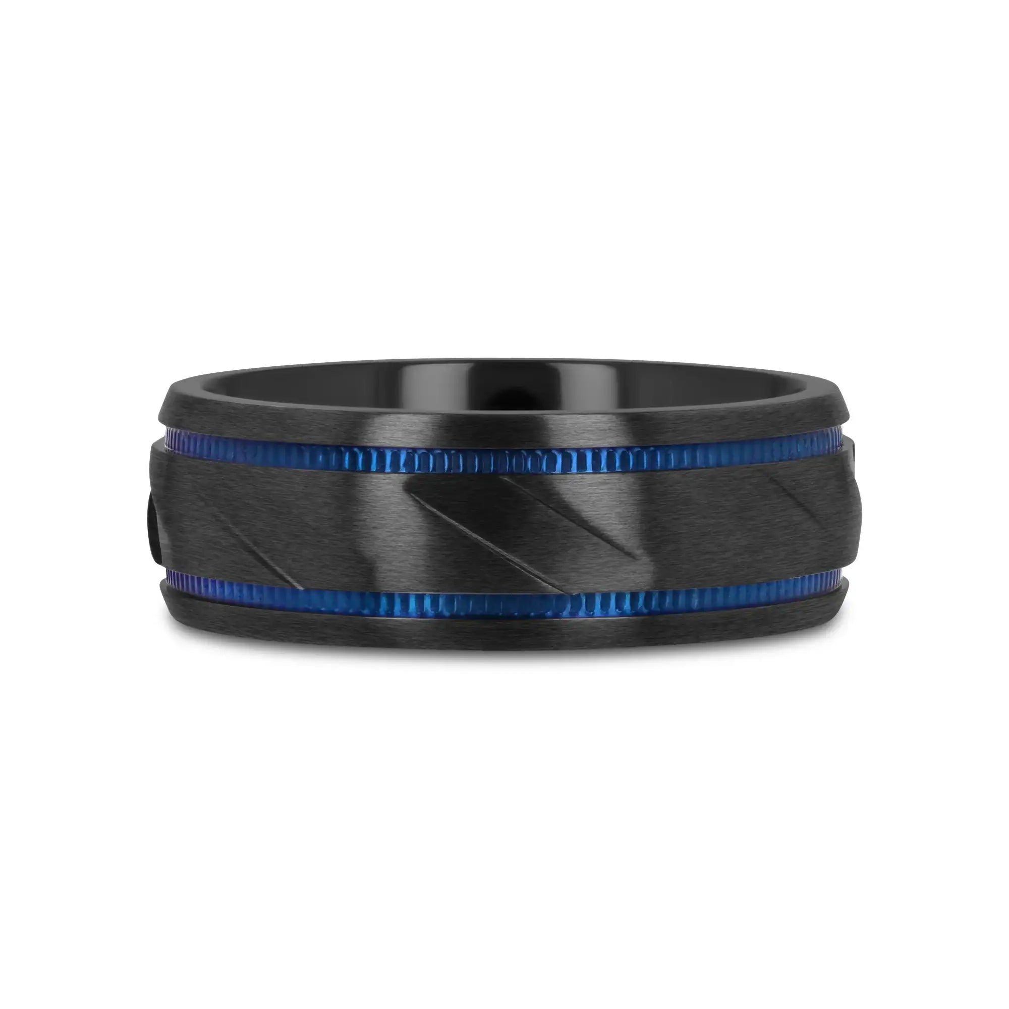 PATROL Black Titanium Carved Diagonal Pattern Brushed Finish Men’s Wedding Ring with Blue Milgrain Grooves – 8mm