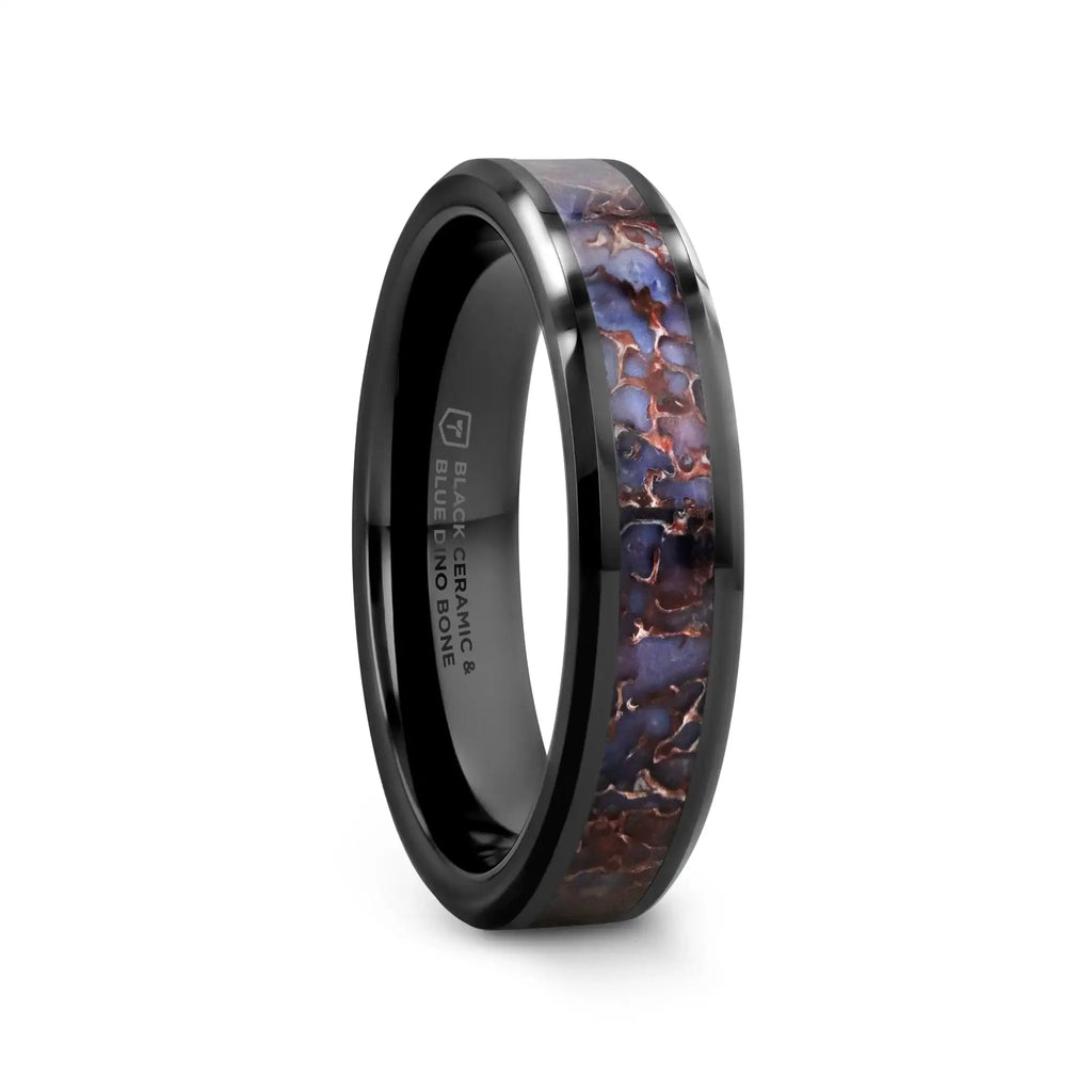 PERMIAN Blue Dinosaur Bone Inlaid Black Ceramic Beveled Edged Ring - 4mm or 8mm