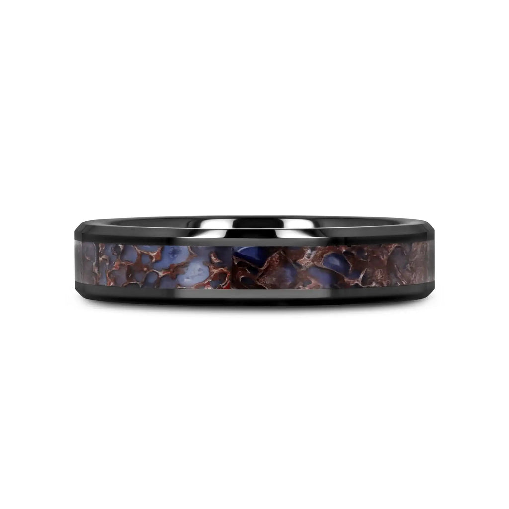 PERMIAN Blue Dinosaur Bone Inlaid Black Ceramic Beveled Edged Ring - 4mm or 8mm