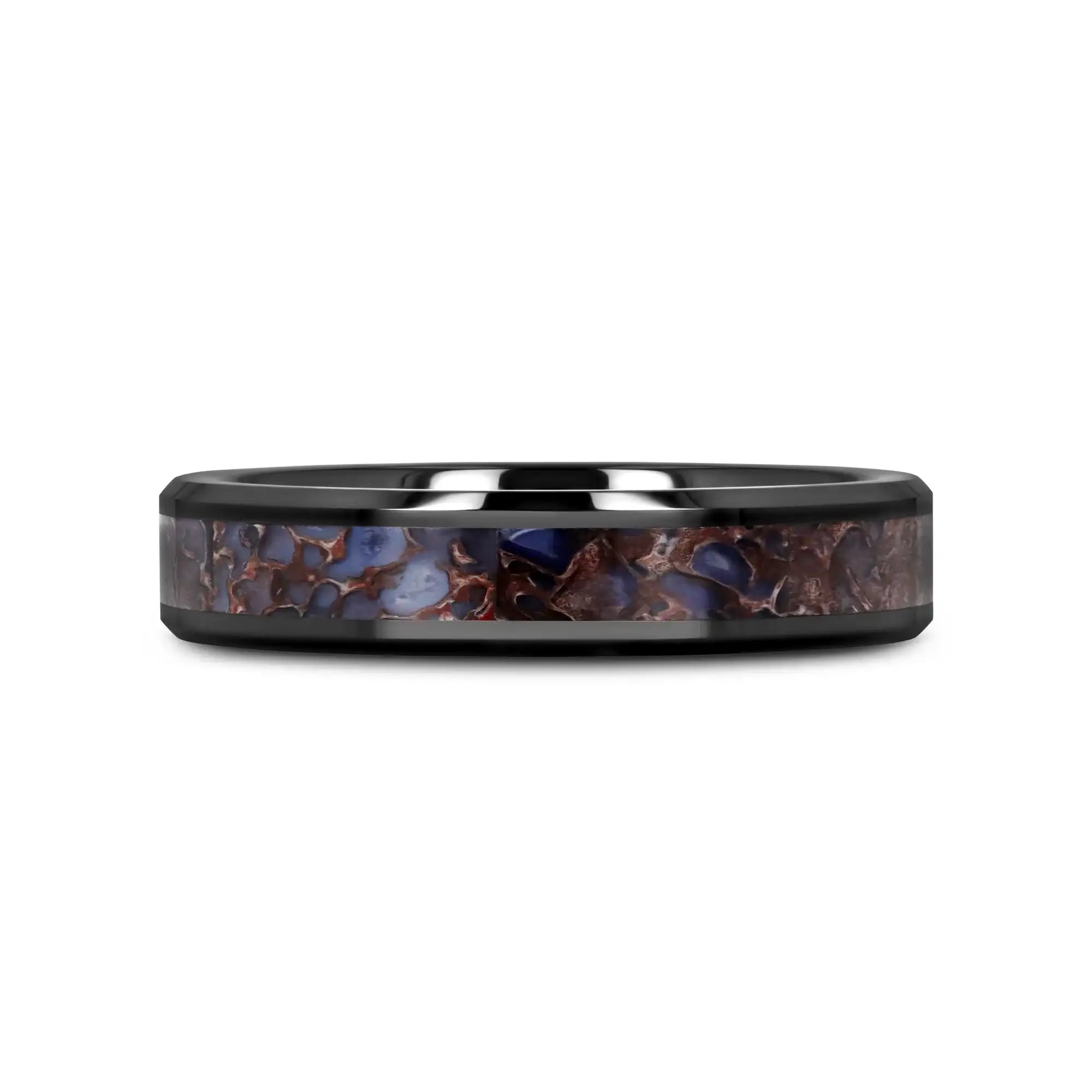 PERMIAN Blue Dinosaur Bone Inlaid Black Ceramic Beveled Edged Ring - 4mm or 8mm