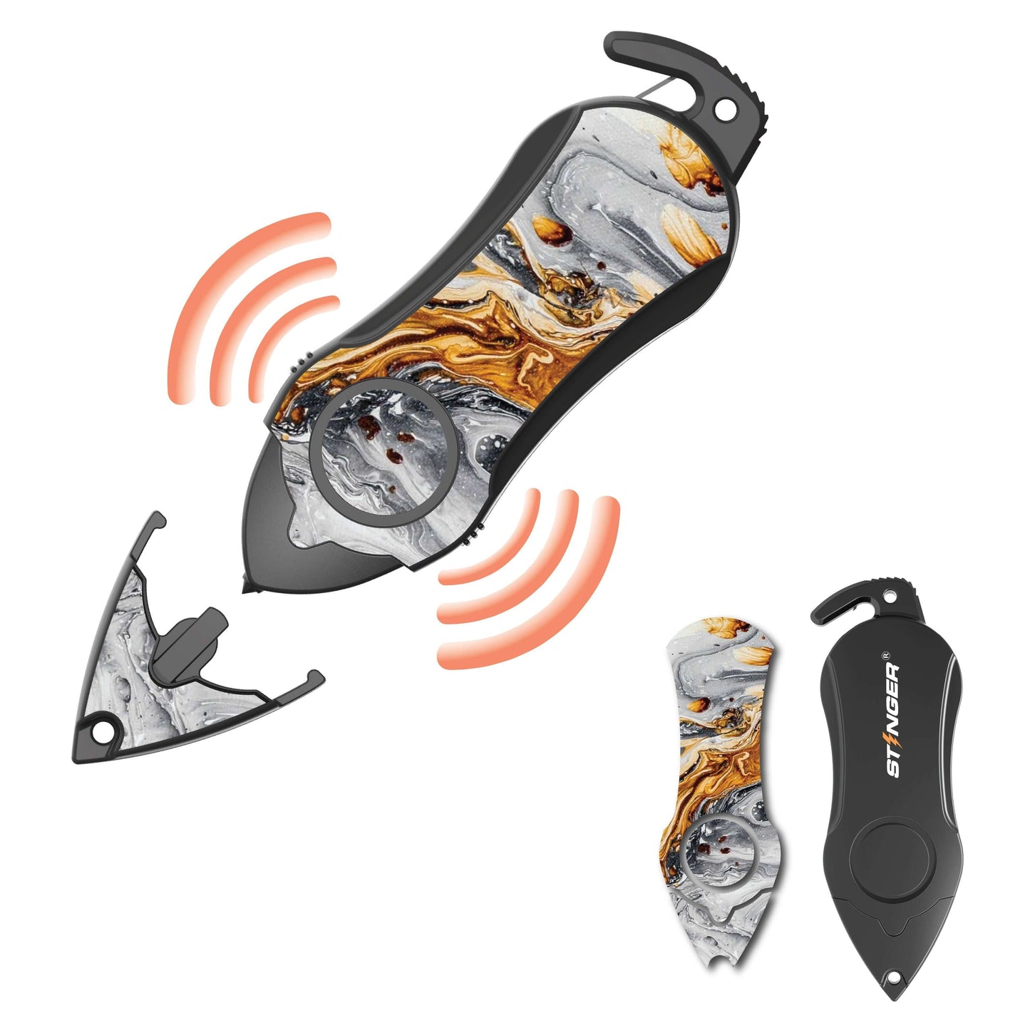 Stinger Personal Safety Alarm Keychain Emergency Tool: Siren Alarm, Seat Belt Cutter, Glass Breaker (Black Marble)