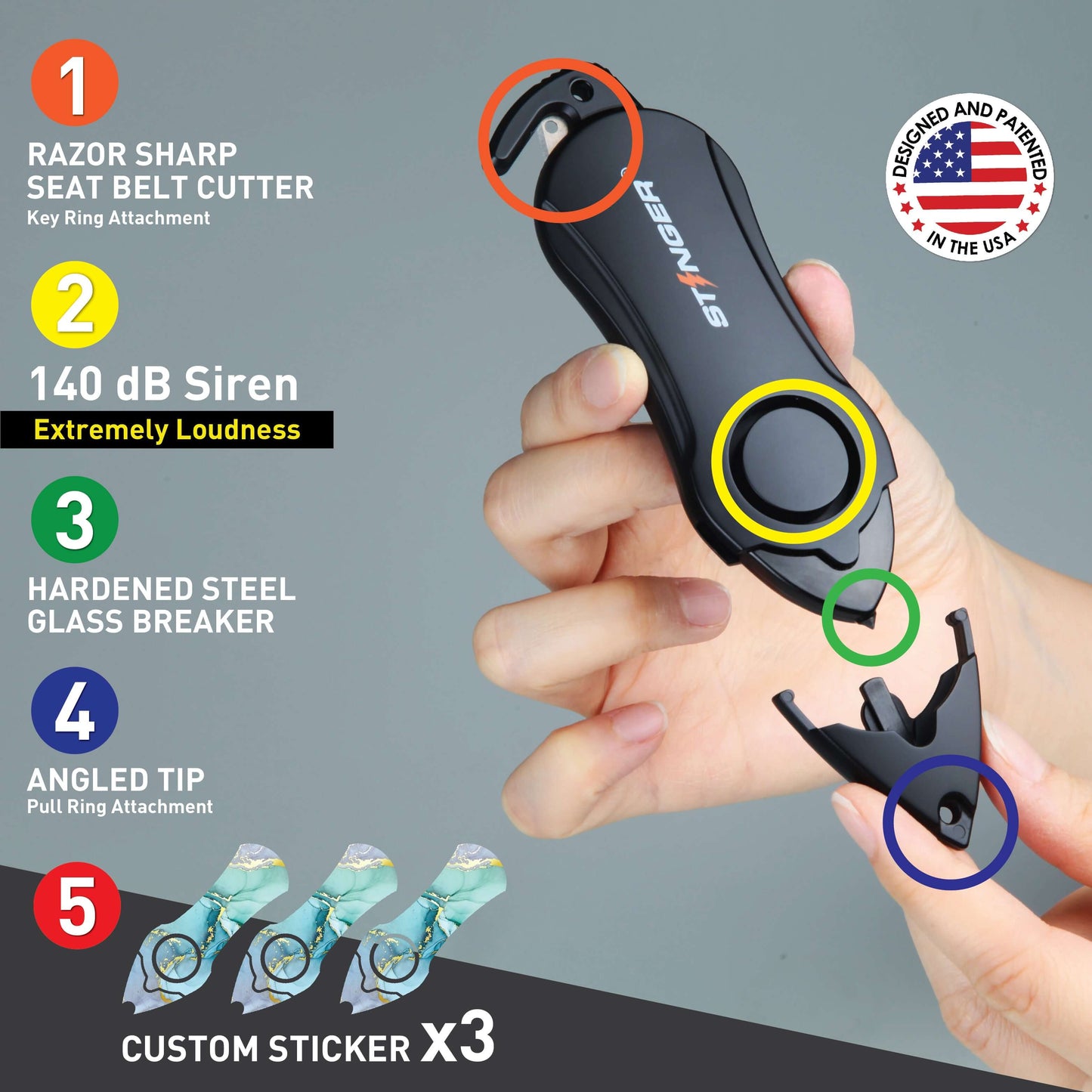 Stinger Personal Safety Alarm Keychain Emergency Tool: Siren Alarm, Seat Belt Cutter, Glass Breaker (Green Marble)