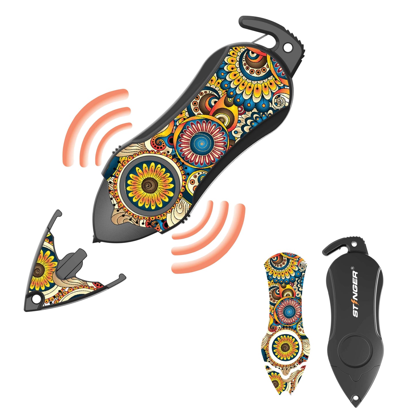 Stinger Personal Safety Alarm Keychain Emergency Tool: Siren Alarm, Seat Belt Cutter, Glass Breaker (Mandala)