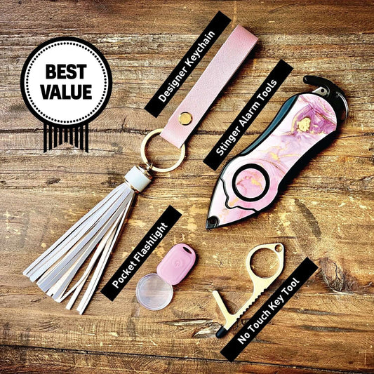Personal Alarm Keychain Set: Safety Panic Alarm Siren, Seatbelt Cutter, Car Window Breaker, Wristlet Keychain, Contactless Key Tool, Pocket Flashlight (Pink Marble)