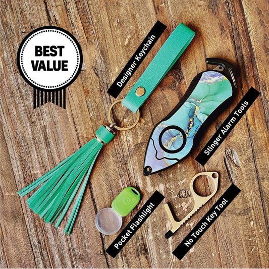 Personal Alarm Keychain Set: Safety Panic Alarm Siren, Seatbelt Cutter, Car Window Breaker, Wristlet Keychain, Contactless Key Tool, Pocket Flashlight (Green Marble)