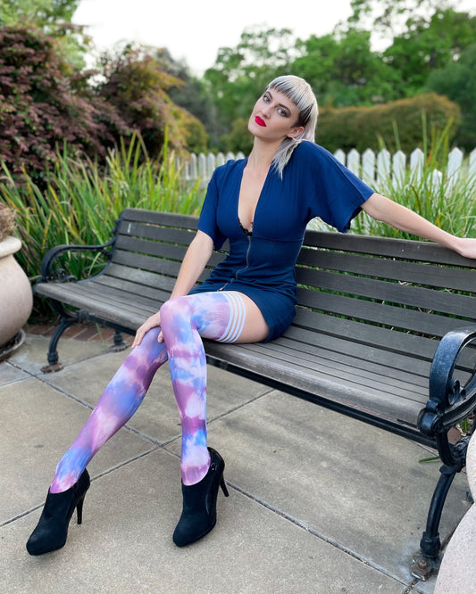Madisen: Blue and Purple Tie Dye Thigh Highs. Petite to Plus Size