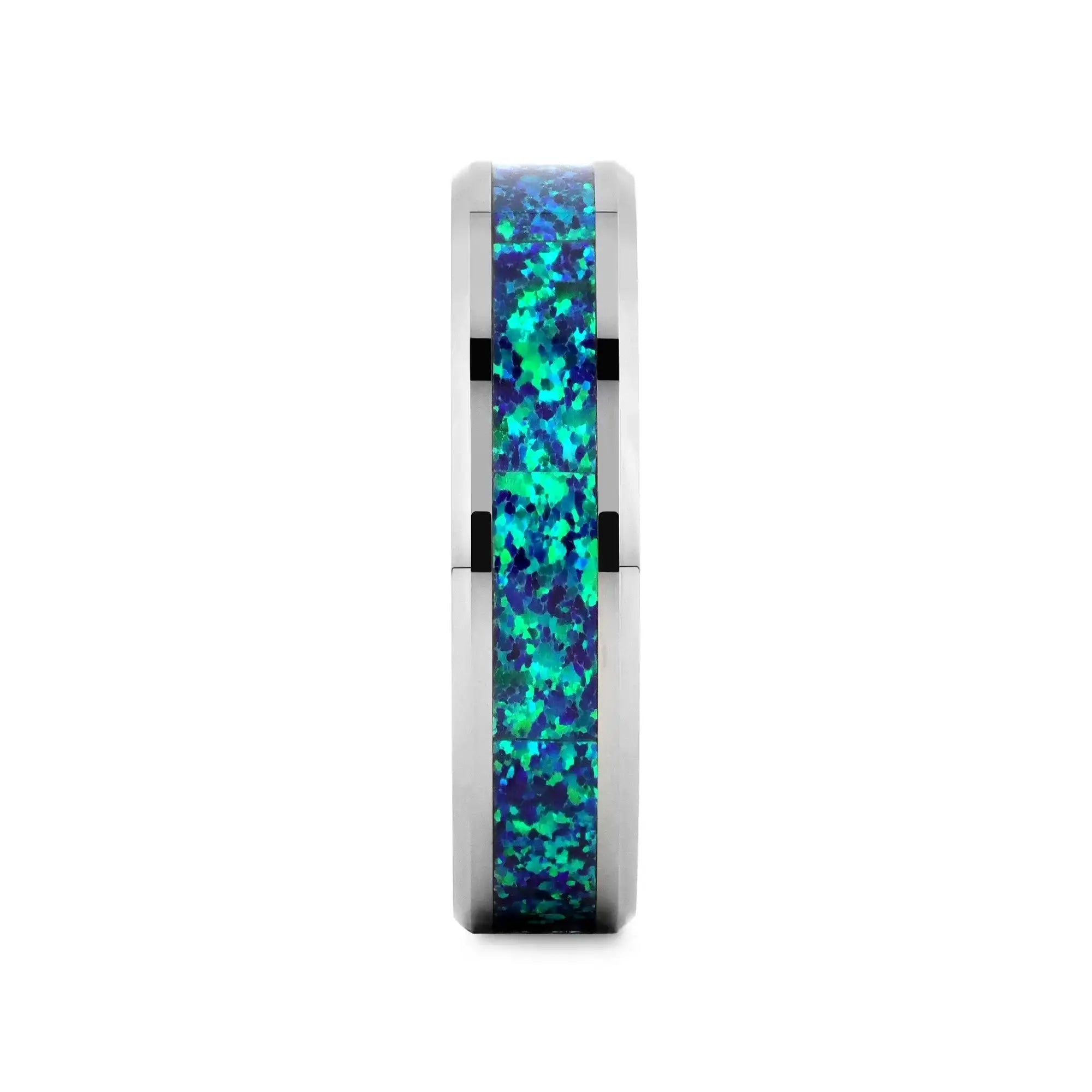 PHOTON Tungsten Beveled Wedding Band with Emerald Green & Sapphire Blue Color Opal Inlay - 6mm & 8mm