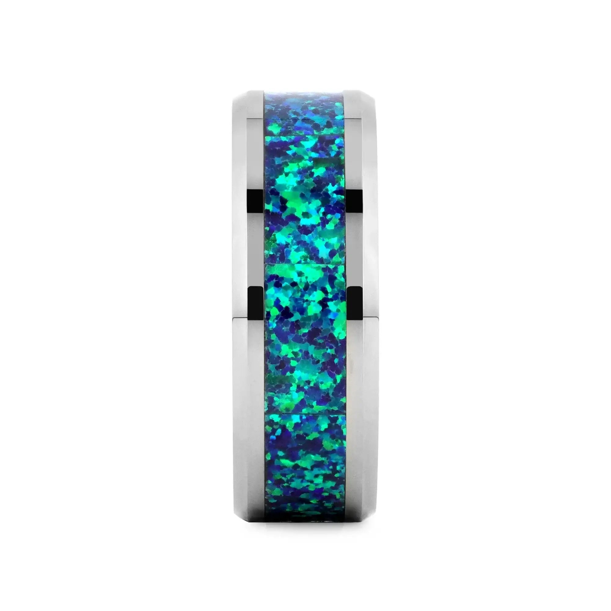 PHOTON Tungsten Beveled Wedding Band with Emerald Green & Sapphire Blue Color Opal Inlay - 6mm & 8mm