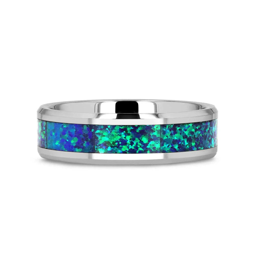 PHOTON Tungsten Beveled Wedding Band with Emerald Green & Sapphire Blue Color Opal Inlay - 6mm & 8mm