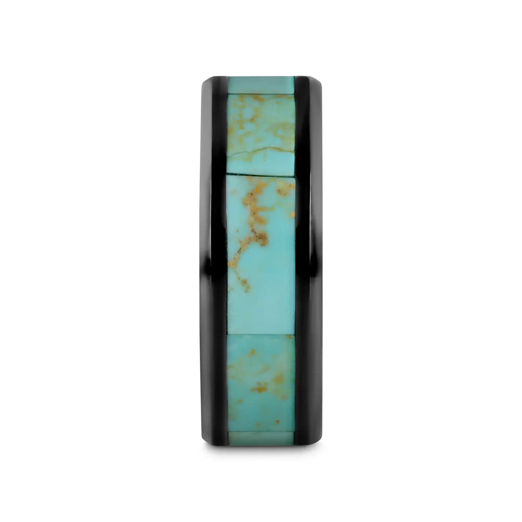 PIETRO Men’s Polished Black Ceramic Wedding Band with Light Blue Turquoise Stone Inlay & Polished Beveled Edges - 8mm