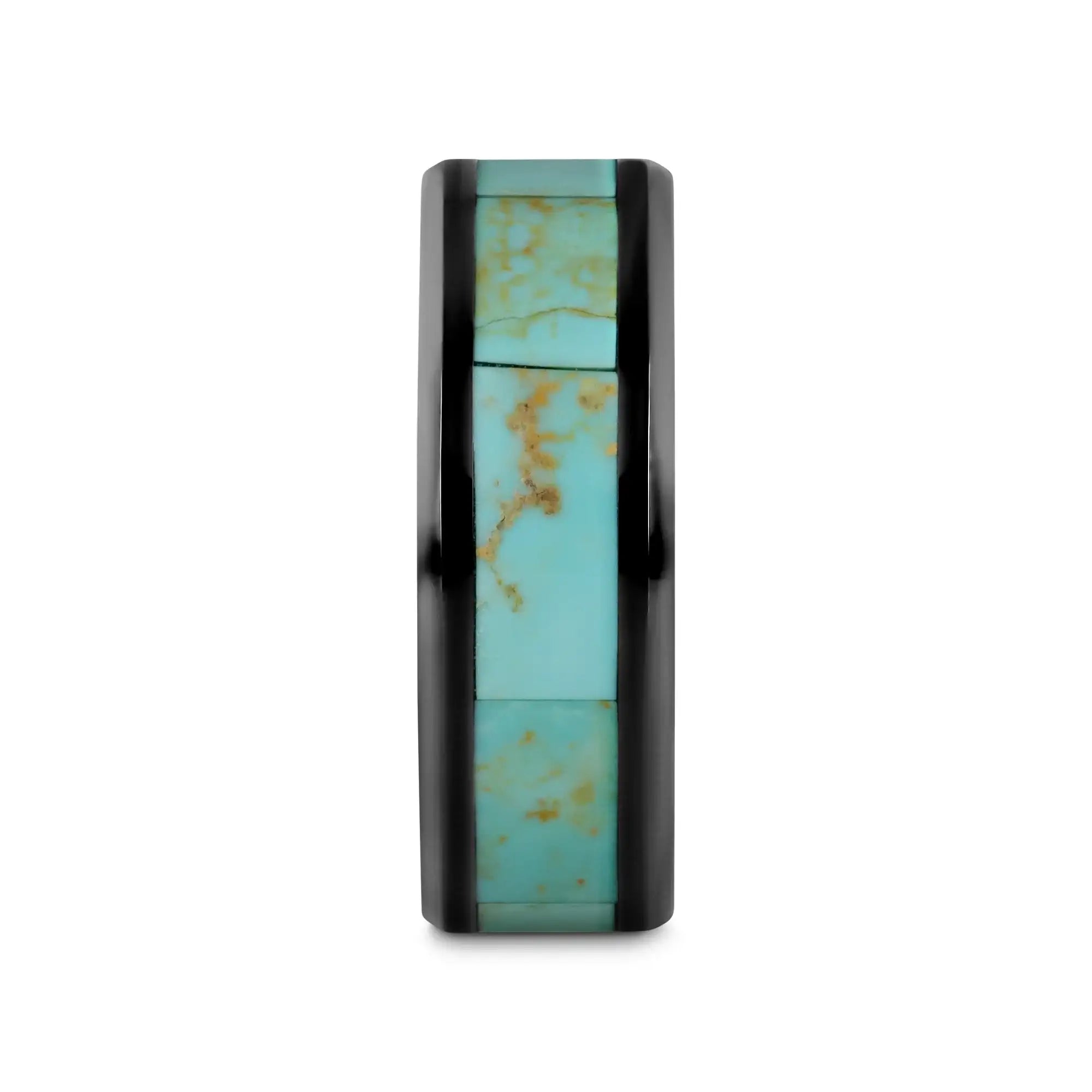 PIETRO Men’s Polished Black Ceramic Wedding Band with Light Blue Turquoise Stone Inlay & Polished Beveled Edges - 8mm