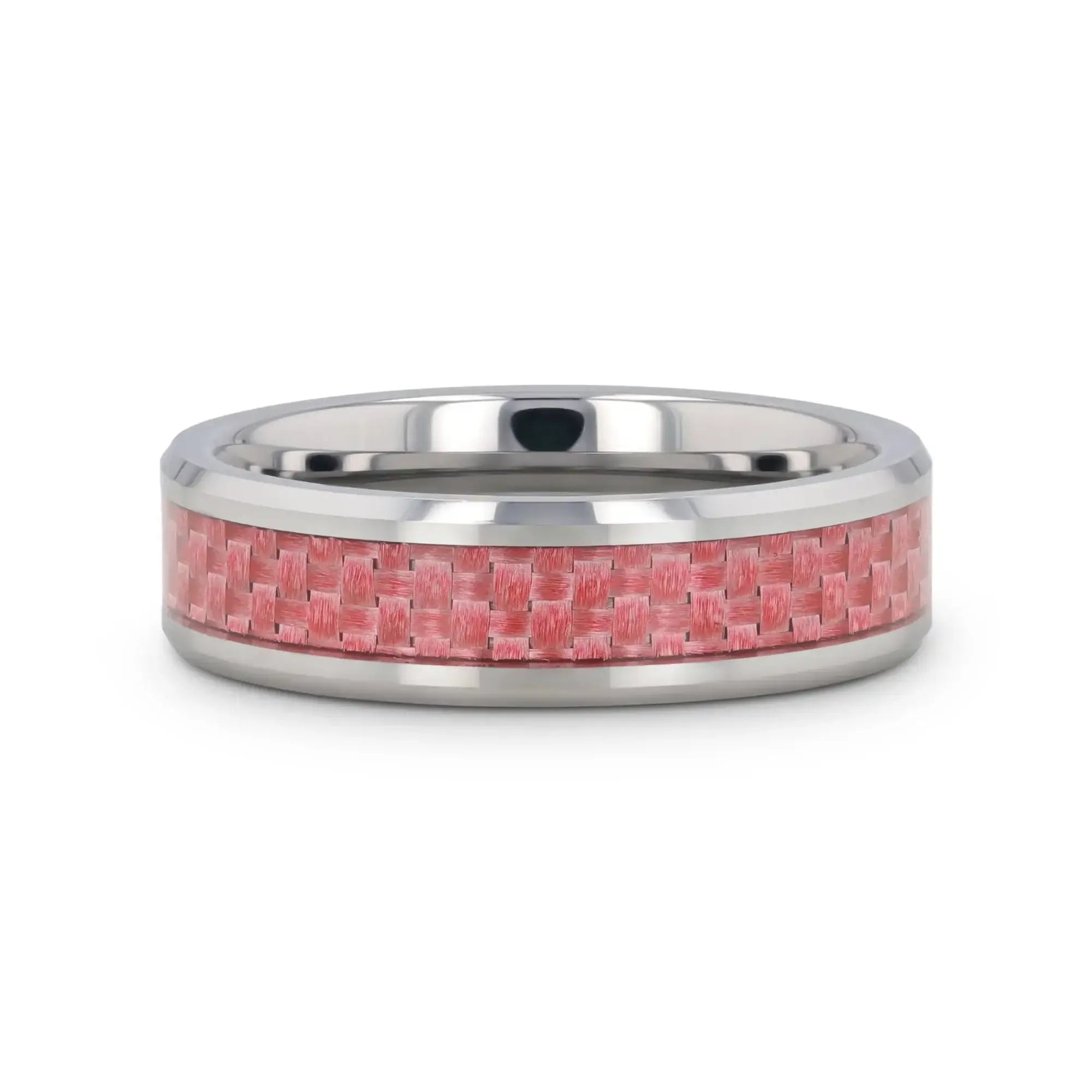 PINK Beveled Tungsten Wedding Band with Pink Carbon Fiber -4mm & 6mm