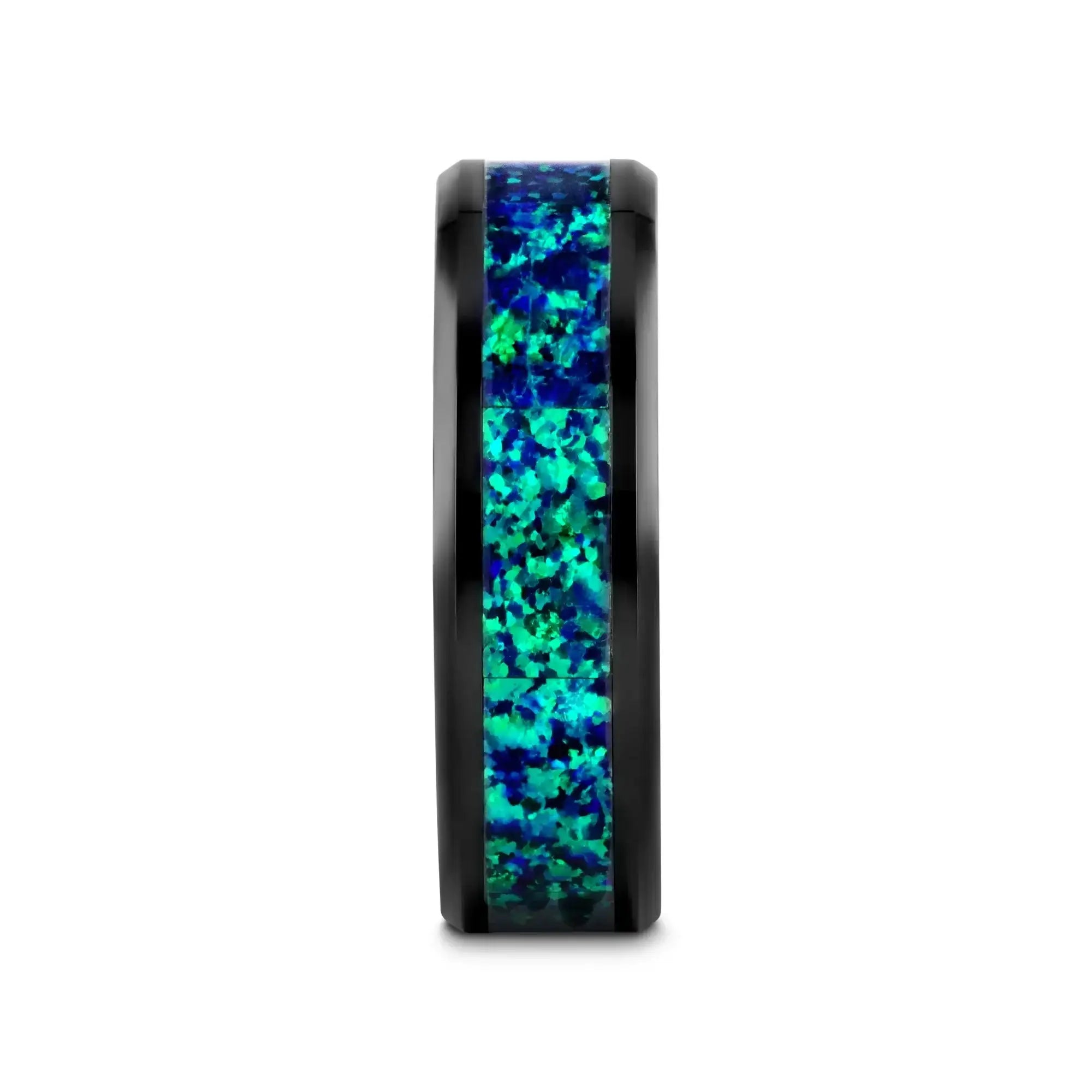 PULSAR Black Ceramic Wedding Band with Beveled Edges and Emerald Green & Sapphire Blue Color Opal Inlay - 6mm or 8 mm