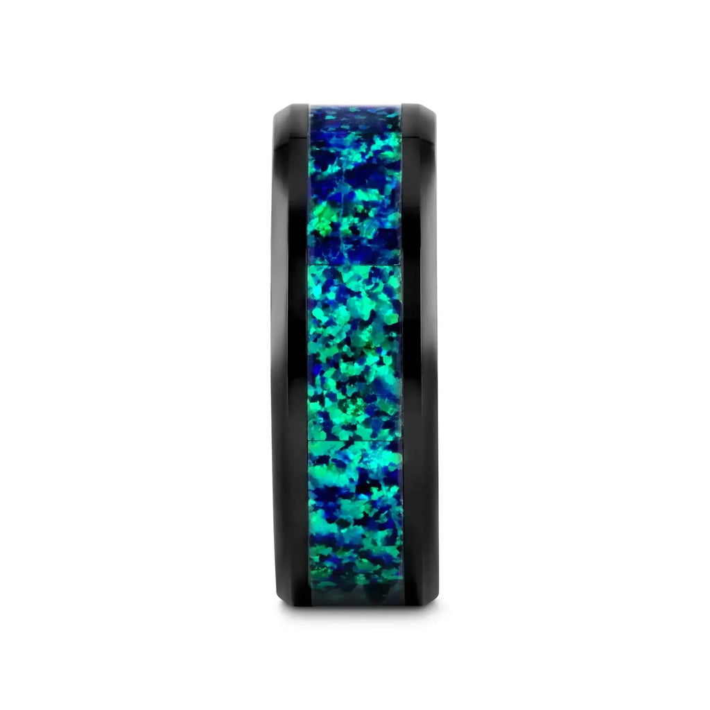 PULSAR Black Ceramic Wedding Band with Beveled Edges and Emerald Green & Sapphire Blue Color Opal Inlay - 6mm or 8 mm