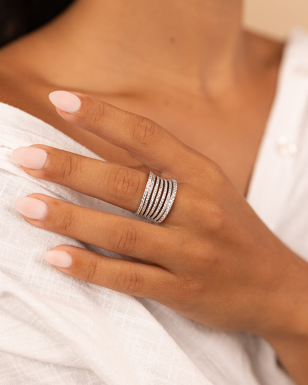 Sterling Silver CZ Multi-Row Statement Ring