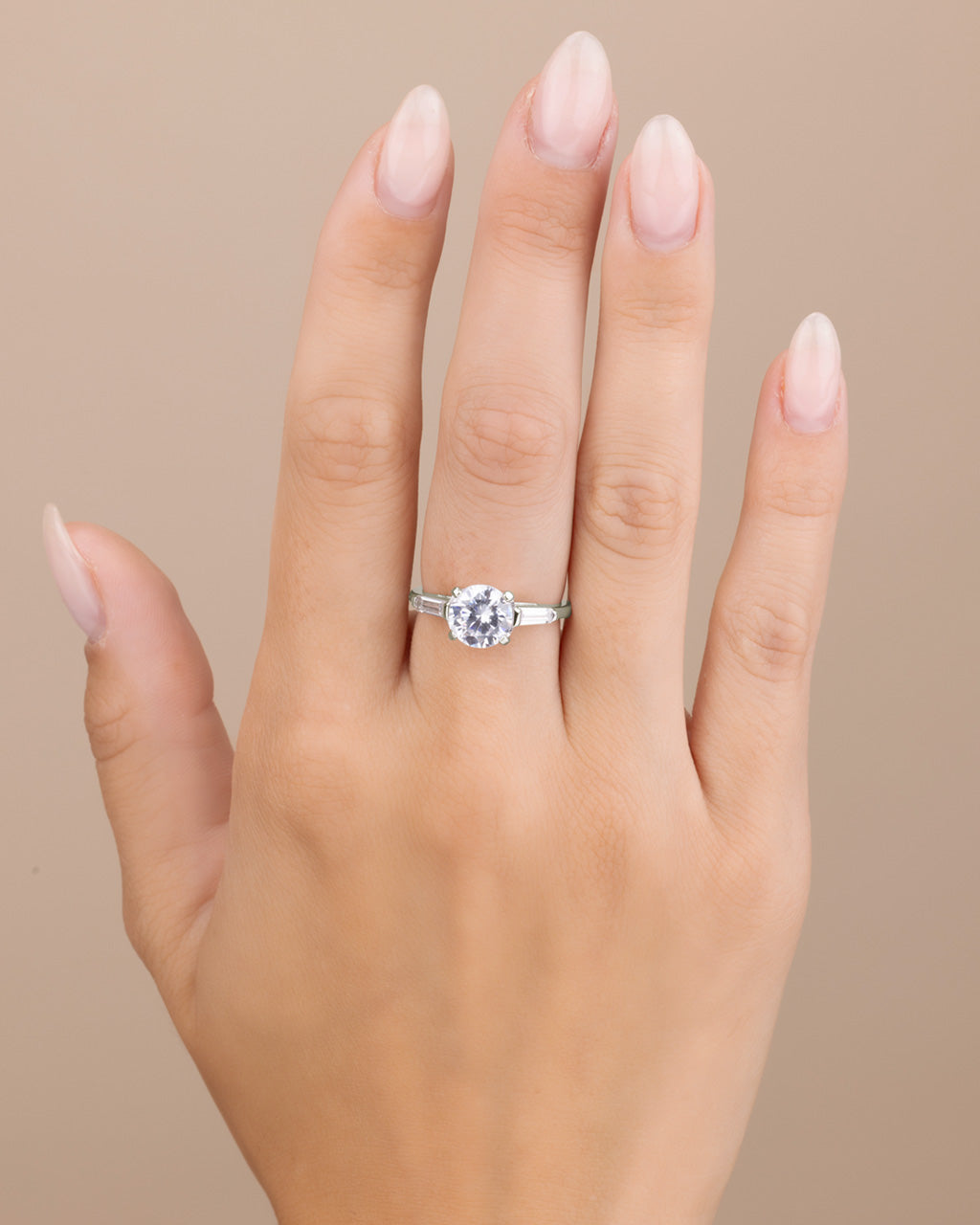 Sterling Silver 4-Prong Brilliant Cut & Baguette Accent Engagement Ring