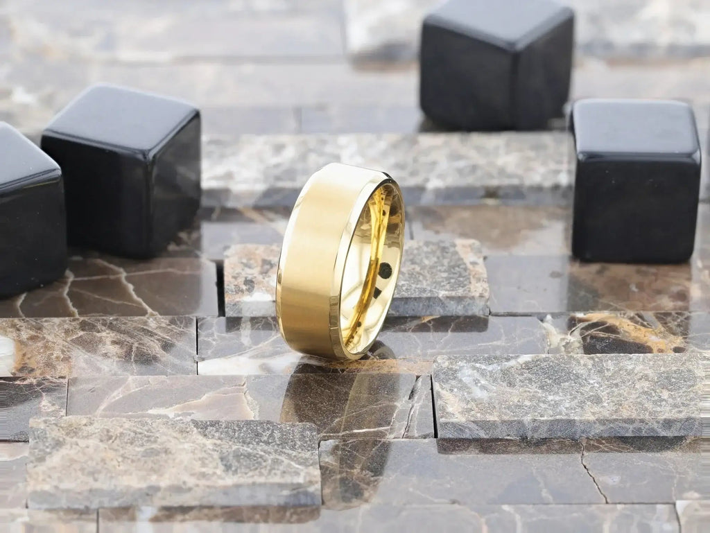 RADIATE Gold-Plated Titanium Flat Brushed Center Men's Wedding Ring With Beveled Polished Edges - 8mm