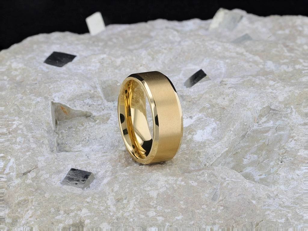 RADIATE Gold-Plated Titanium Flat Brushed Center Men's Wedding Ring With Beveled Polished Edges - 8mm