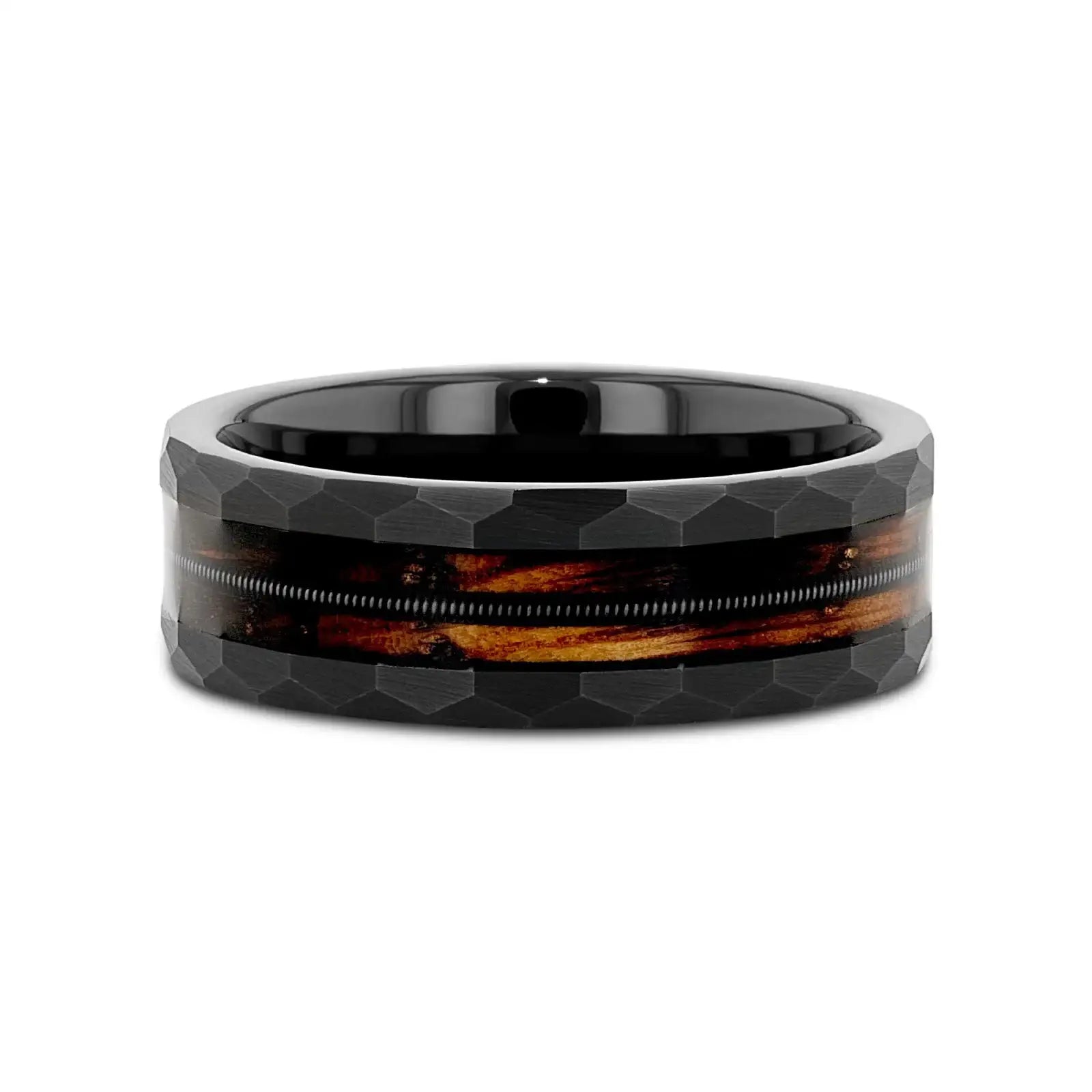 RIFF Black Tungsten Ring with Charred Whiskey Barrel Wood and Guitar String, 8mm