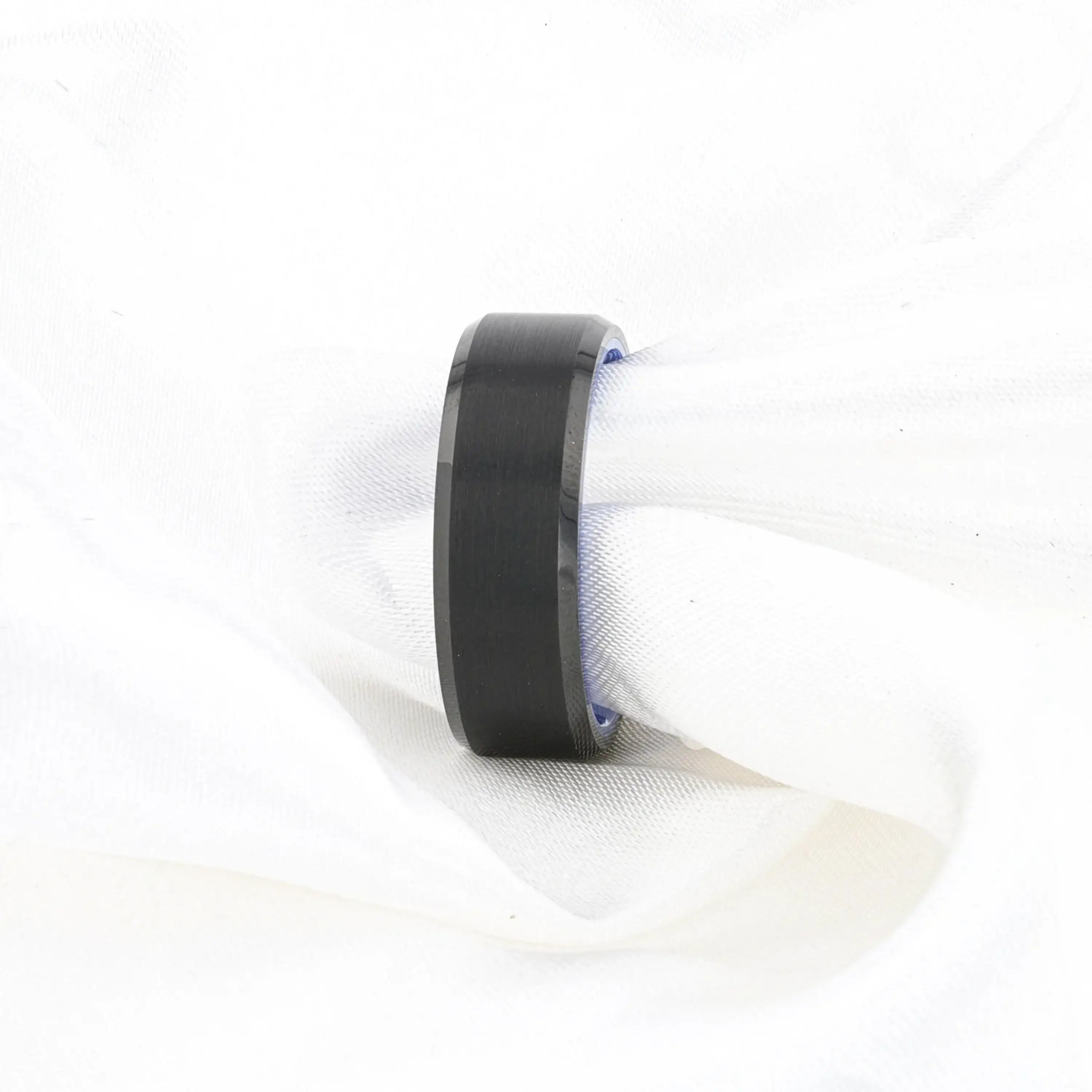 RIGEL Black Tungsten Carbide Ring – Flat Brushed Center, Polished Beveled Edges, Blue Ceramic Interior (6mm & 8mm)
