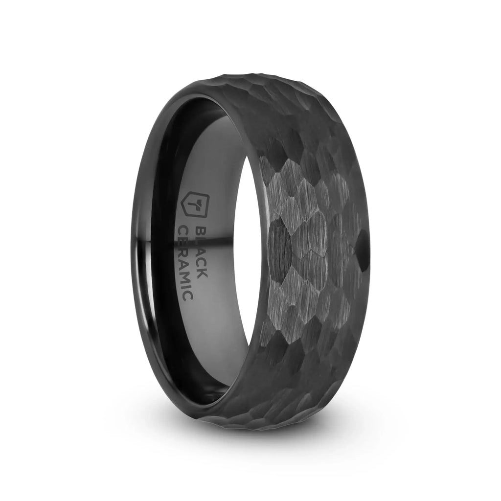 RAGNAROK Domed Hammer Finish Black Ceramic Wedding Band with Brushed Finish - 6mm & 8mm