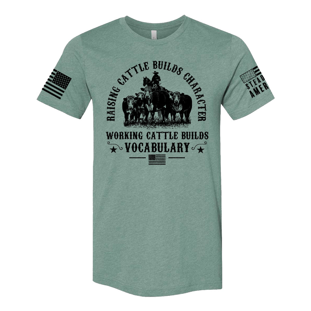 Working Cattle Builds Vocabulary Funny Rancher T-Shirt – Western Farm Life Graphic Tee – Heather Brown & Dusty Blue Unisex
