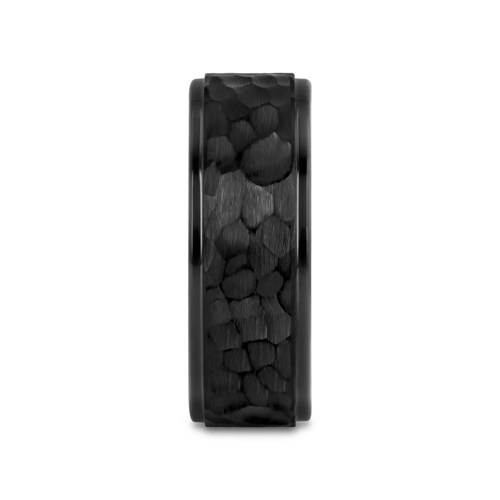 REBEL Raised Hammer Finish Step Edge Black Tungsten Carbide Wedding Band – 6mm or 8mm