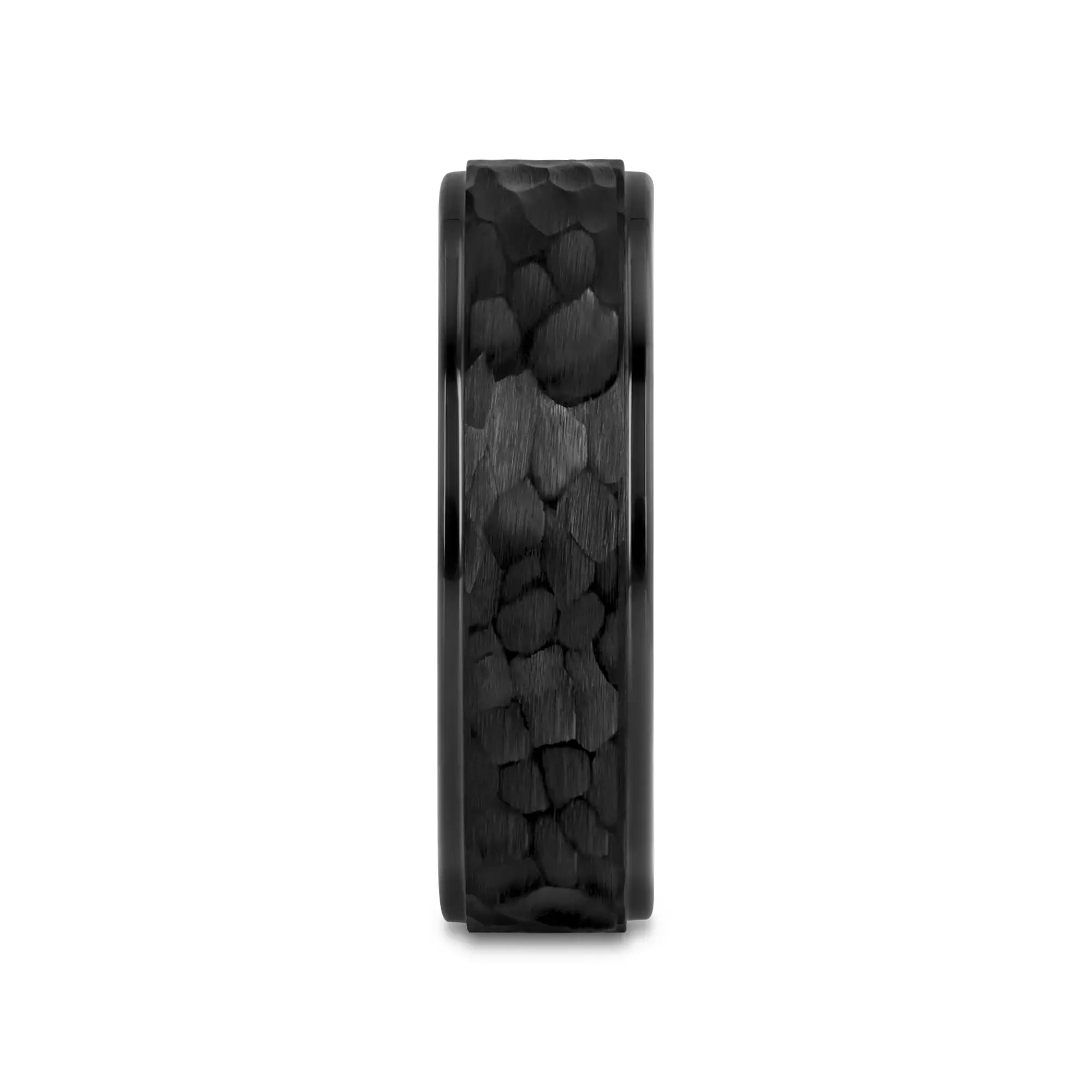 REBEL Raised Hammer Finish Step Edge Black Tungsten Carbide Wedding Band – 6mm or 8mm