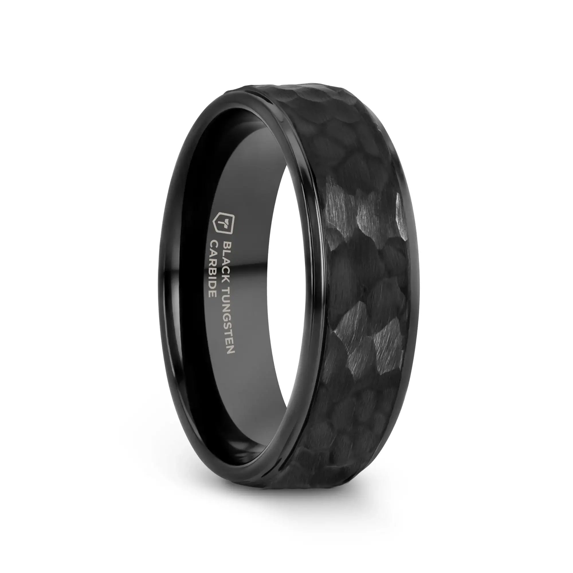 REBEL Raised Hammer Finish Step Edge Black Tungsten Carbide Wedding Band – 6mm or 8mm