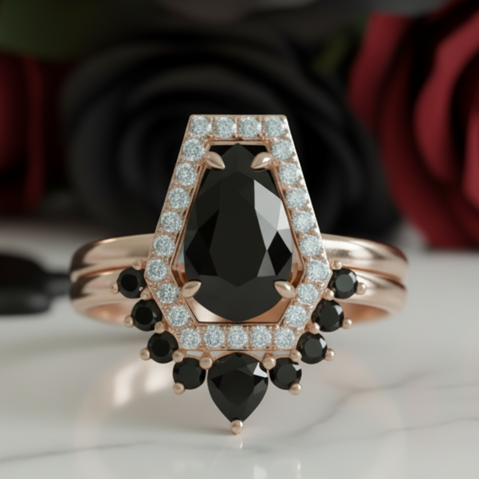 Faithfulness-1ct Black Pear Cut Diamond Option 14k White Gold Coffin Ring Set