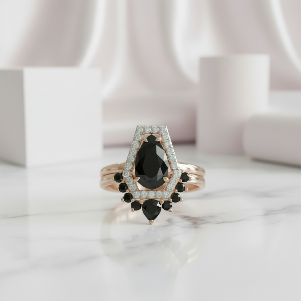 Faithfulness-1ct Black Pear Cut Diamond Option 14k White Gold Coffin Ring Set