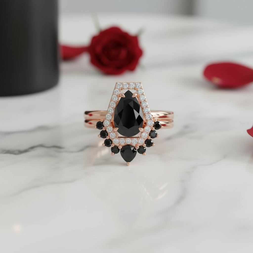 Faithfulness-1ct Black Pear Cut Diamond Option 14k White Gold Coffin Ring Set