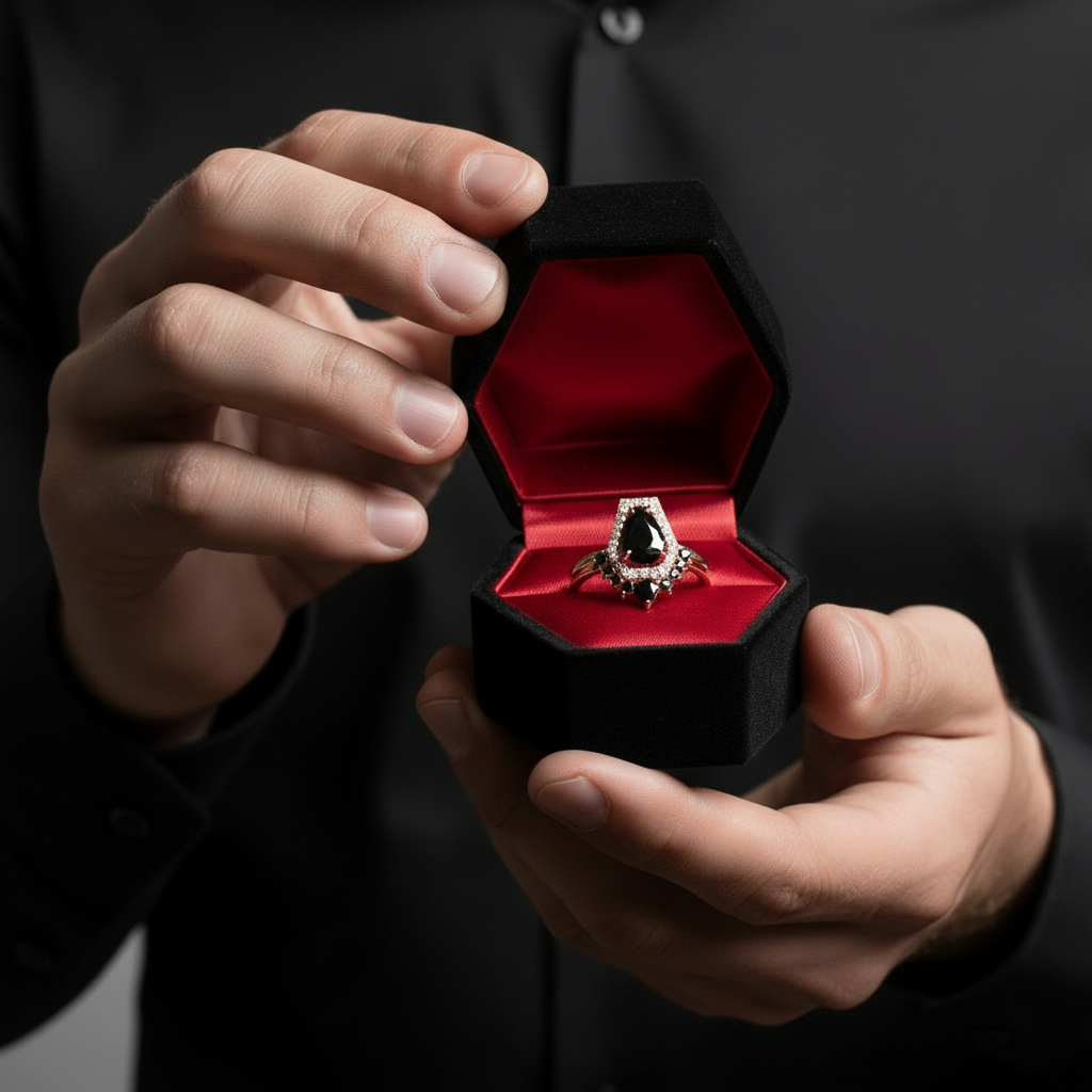 Faithfulness-1ct Black Pear Cut Diamond Option 14k White Gold Coffin Ring Set