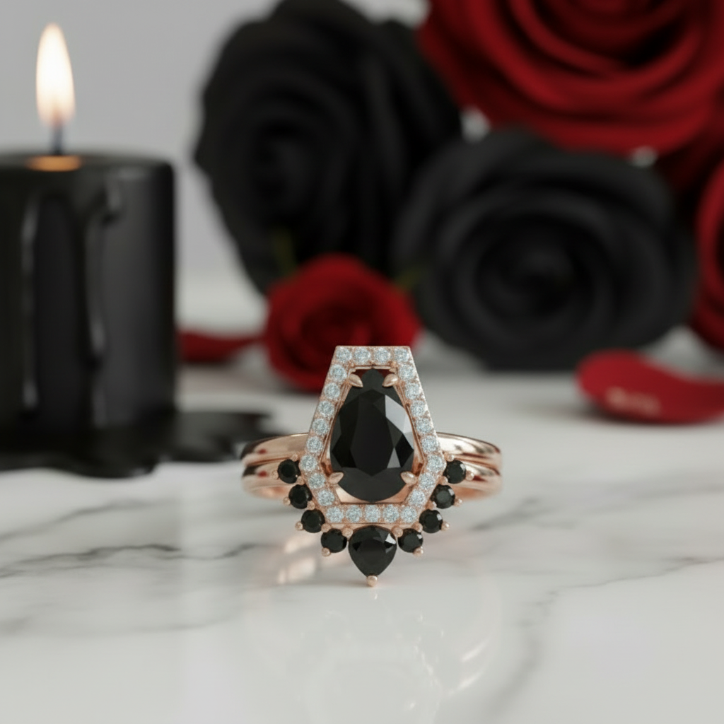 Faithfulness-1ct Black Pear Cut Diamond Option 14k White Gold Coffin Ring Set