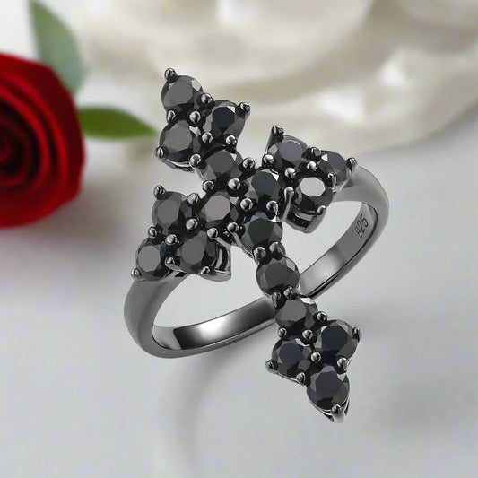 Round-cut Black Spinel Gothic Cross Ring