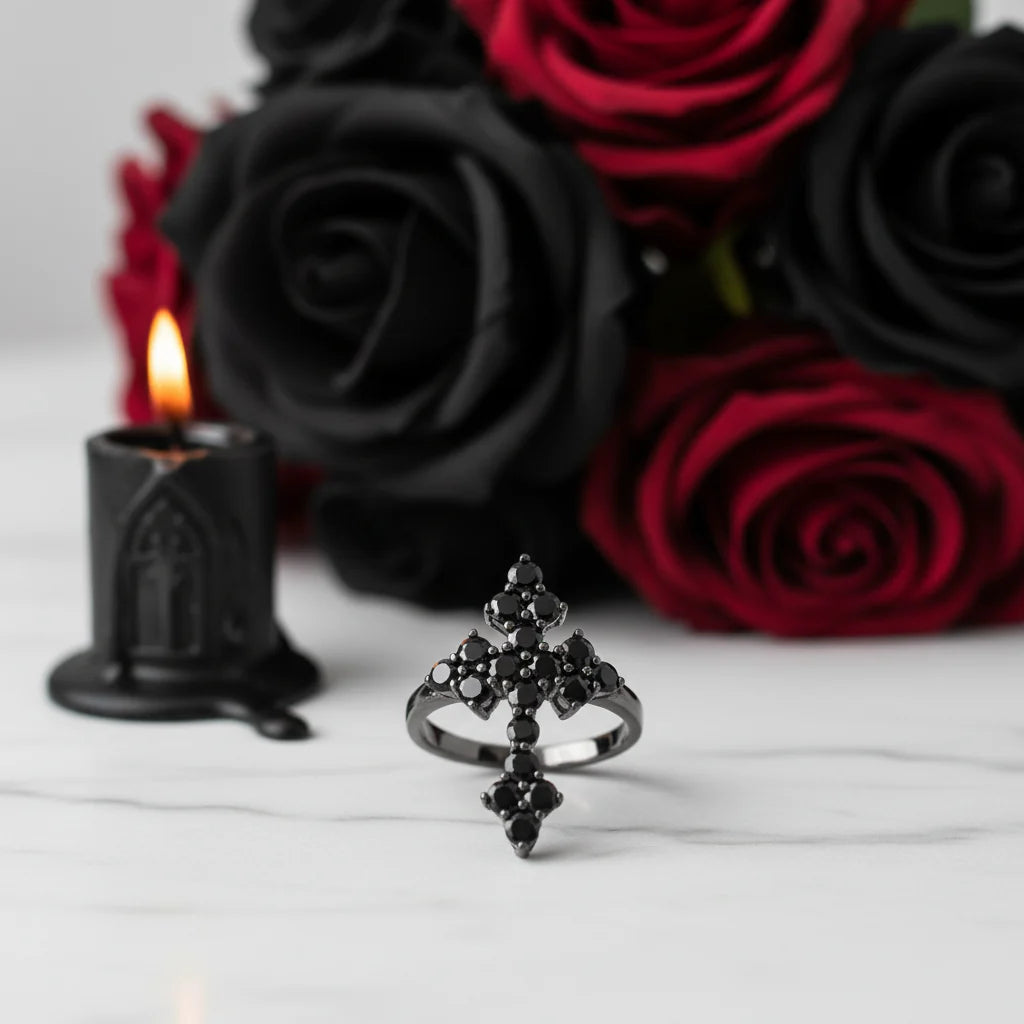 Round-cut Black Spinel Gothic Cross Ring