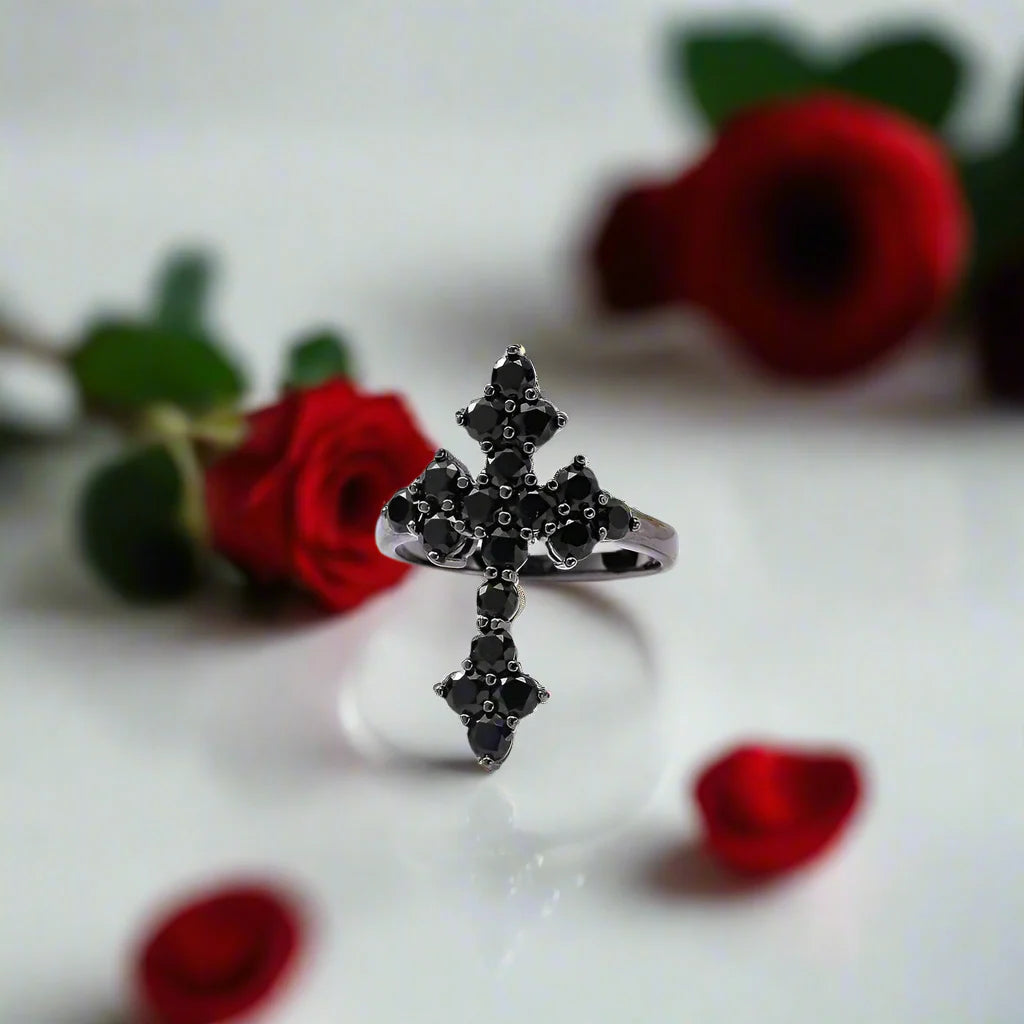 Round-cut Black Spinel Gothic Cross Ring