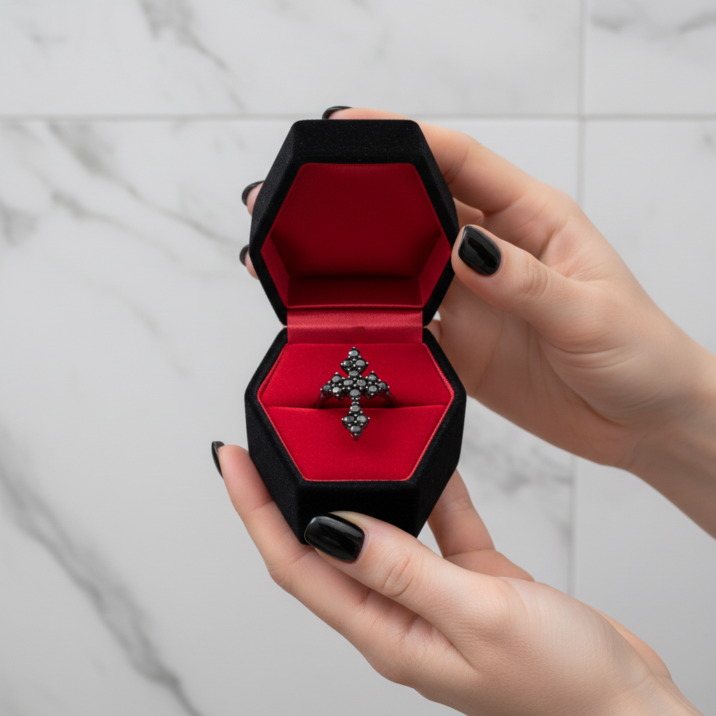 Round-cut Black Spinel Gothic Cross Ring