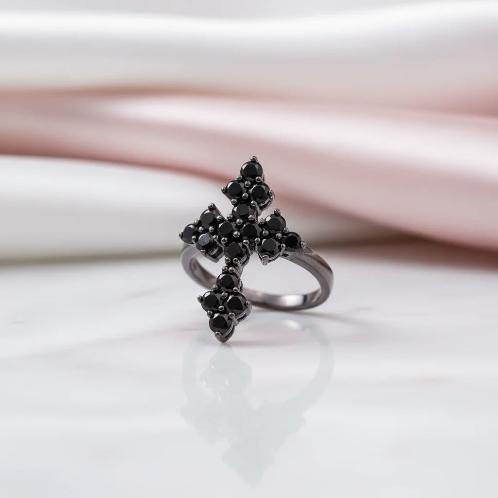 Round-cut Black Spinel Gothic Cross Ring