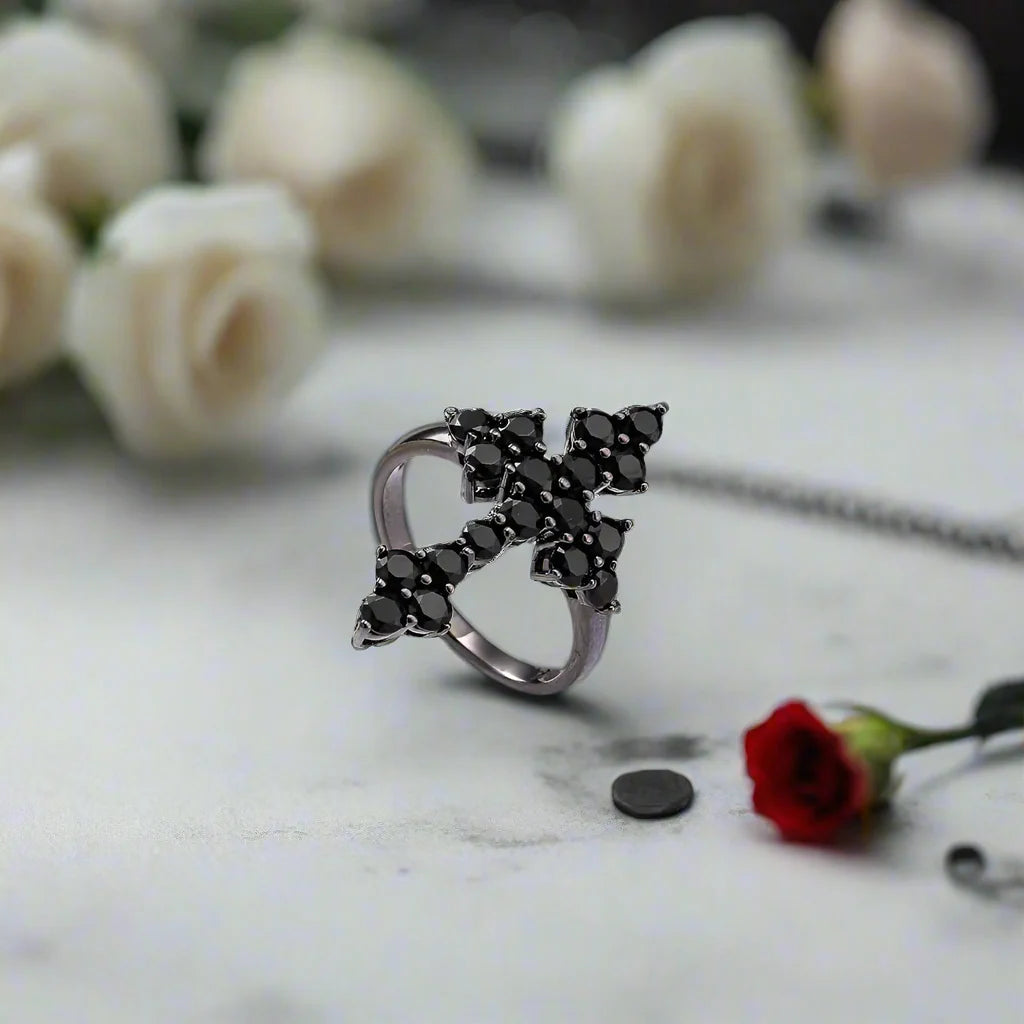 Round-cut Black Spinel Gothic Cross Ring