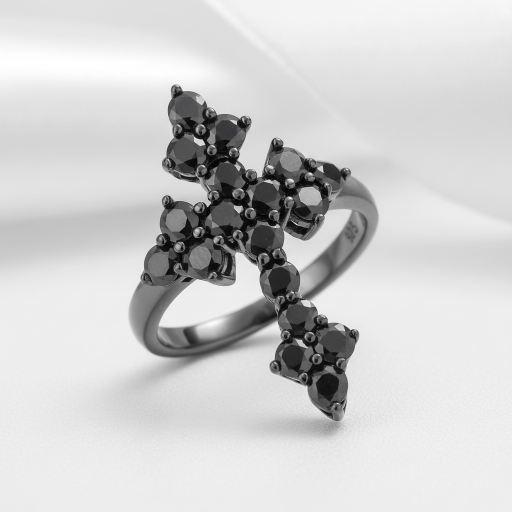 Round-cut Black Spinel Gothic Cross Ring