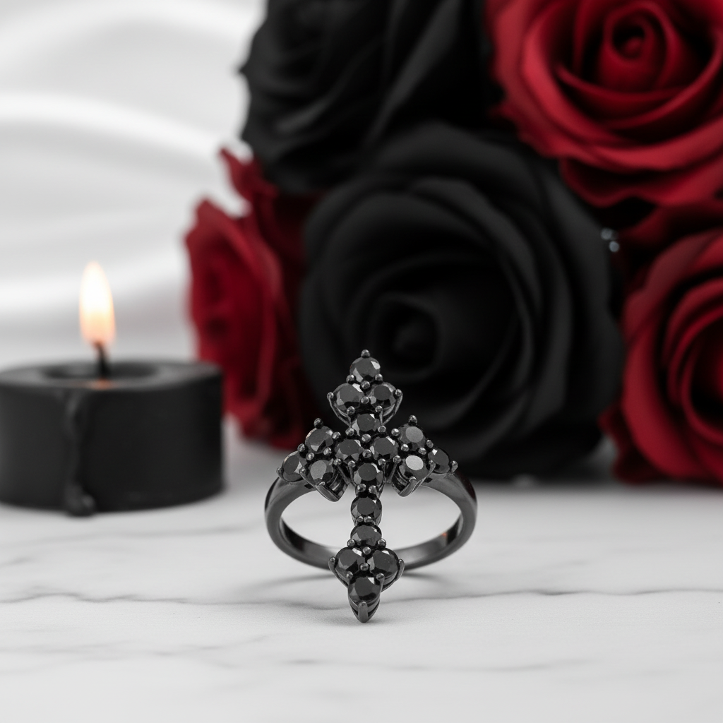 Round-cut Black Spinel Gothic Cross Ring