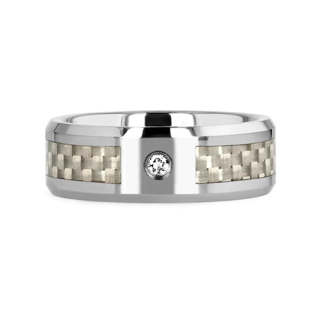 ROYCE Tungsten Wedding Band with White Carbon Fiber and White Diamond Setting - 8mm