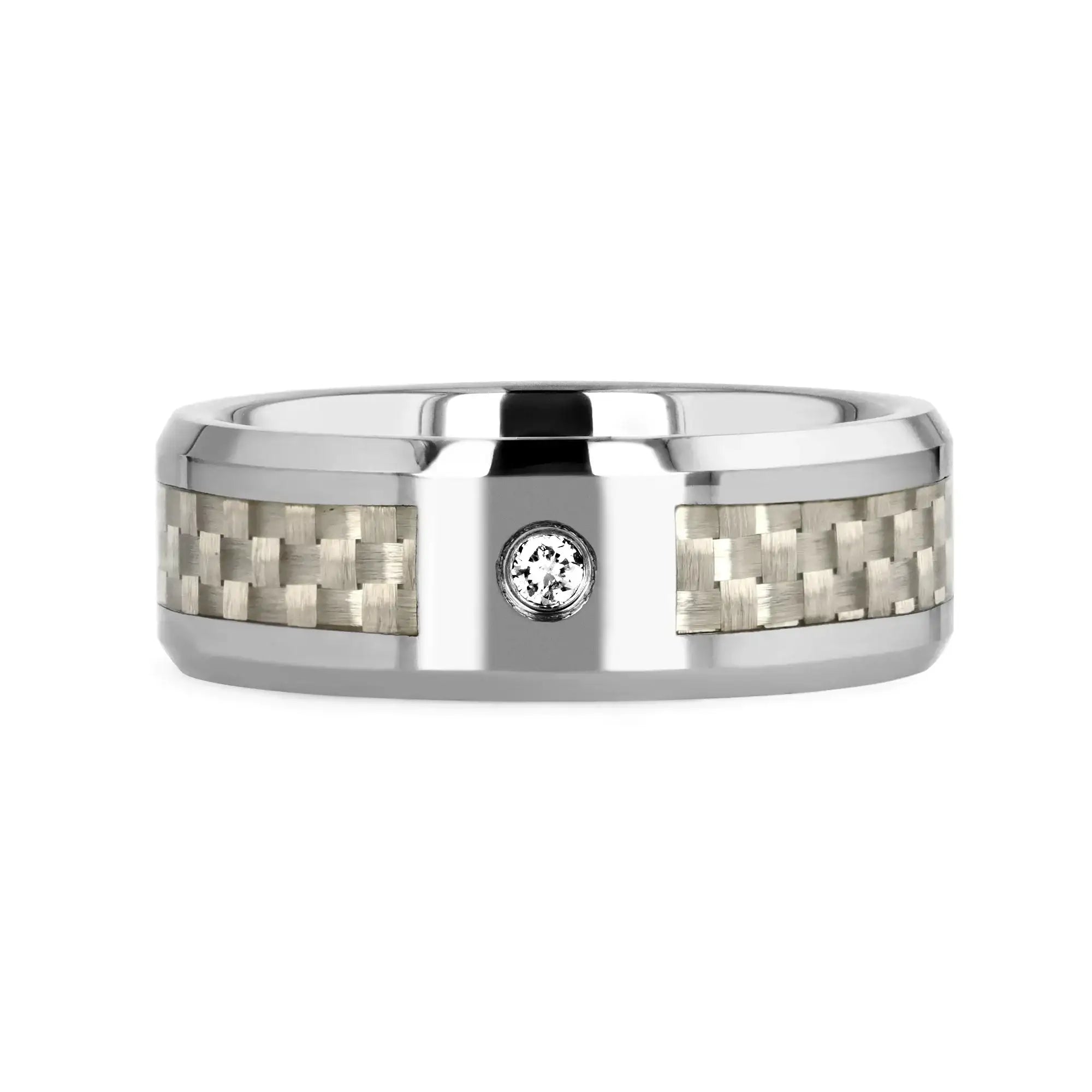 ROYCE Tungsten Wedding Band with White Carbon Fiber and White Diamond Setting - 8mm